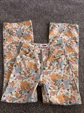 Topshop Floral Retro Print Flared jeans in Pastel Pink, Mustard & Dusty Blue